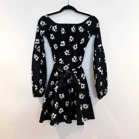 Caroline Constas Black Floral Belted Off-the-Shoulder Long Sleeve Mini Dress XS - Picture 2 of 10